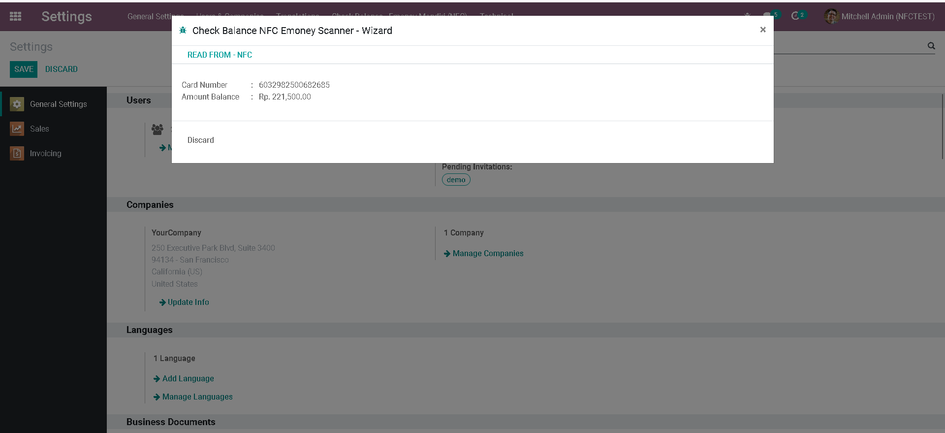  The image shows the 'Machine EDC for emoney balance check' search results page in Odoo.